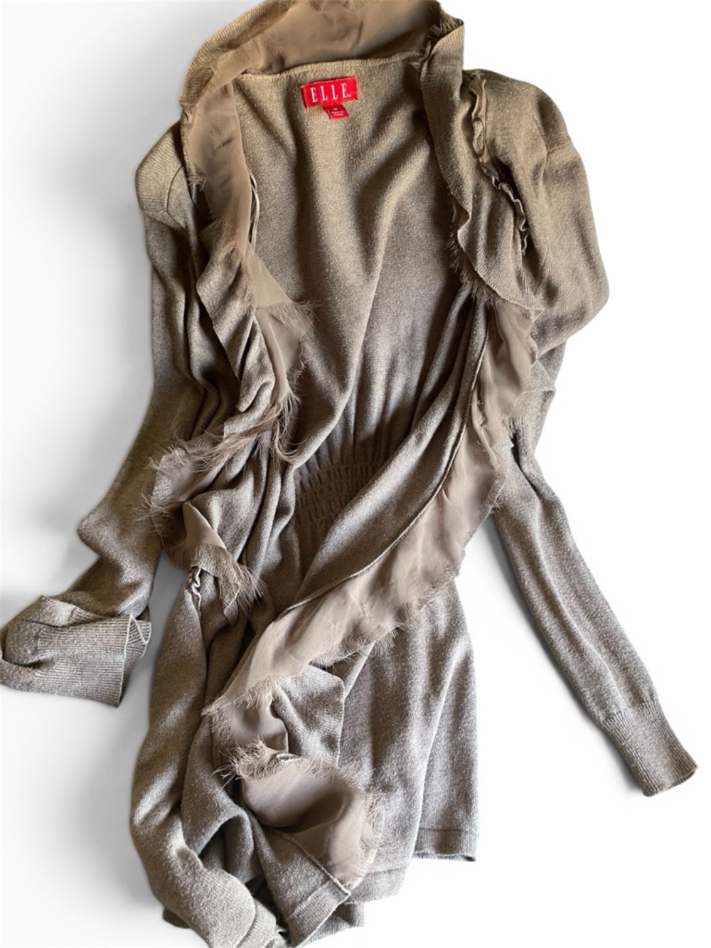 ELLE Taupe Ruffle-Trim Long Sleeve Cardigan Size Medium